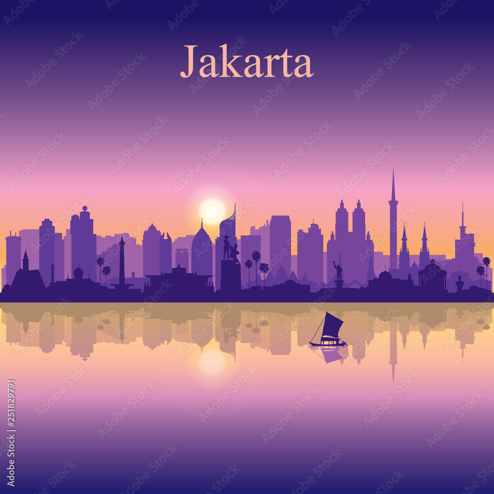 Jakarta city silhouette on sunset background