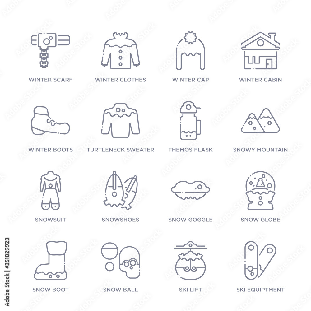 set of 16 thin linear icons such as ski equiptment, ski lift, snow ball, snow boot, snow globe, goggle, snowshoes from winter collection on white background, outline sign icons or symbols set of 16 thin linear icons such as ski equiptment, ski lift, snow ball, snow boot, snow globe, goggle, snowshoes from winter collection on white background, outline sign icons or symbols