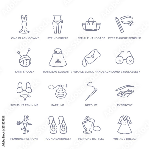 set of 16 thin linear icons such as vintage dress?, perfume bottle?, round earrings?, feminine fashion?, eyebrow?, needle?, parfum? from woman clothing collection on white background, outline sign