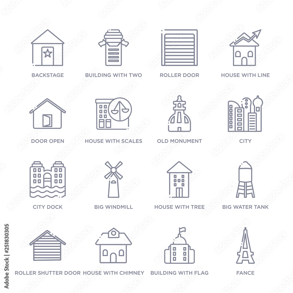 set of 16 thin linear icons such as fance, building with flag, house with chimney, roller shutter door, big water tank, house with tree, big windmill from buildings collection on white background,
