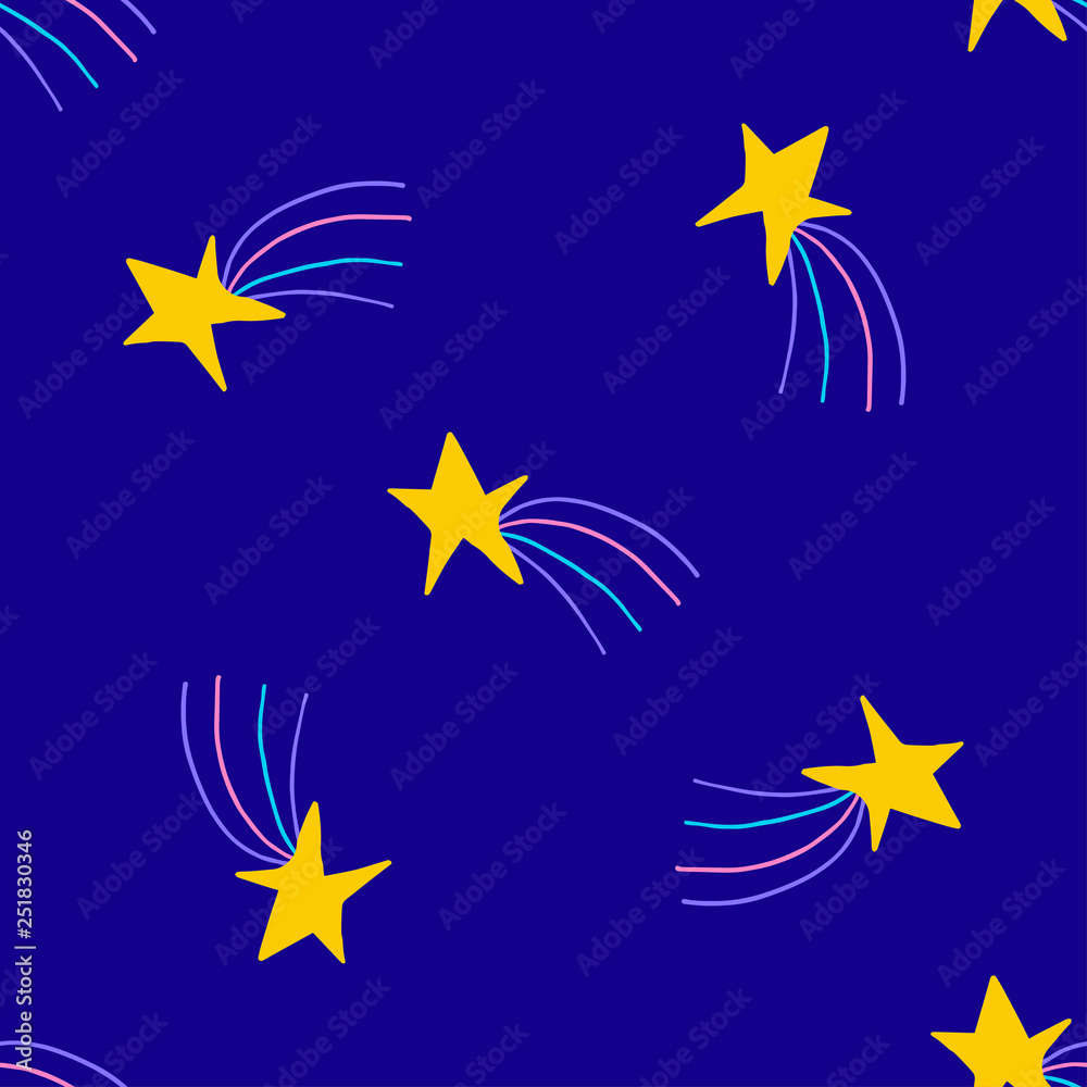 Print with flying on circle hand drawn yellow stars with pink, blue, purple rays on dark blue background.