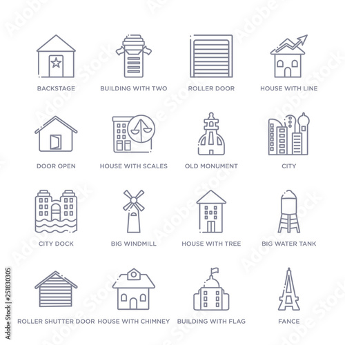 set of 16 thin linear icons such as fance, building with flag, house with chimney, roller shutter door, big water tank, house with tree, big windmill from buildings collection on white background,