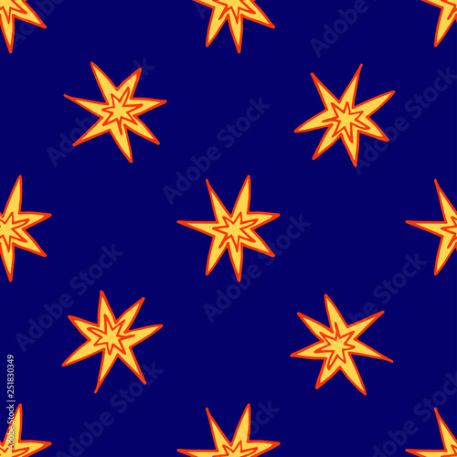 Print with hand drawn explosion yellow and orange stars on dark blue background. 