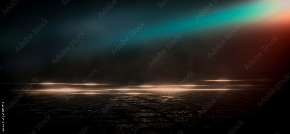 Wet asphalt, reflection of neon lights, a searchlight, smoke. Abstract light in a dark empty street with smoke, smog. Dark background scene of empty street, night view, night city. Wet asphalt, reflection of neon lights, a searchlight, smoke. Abstract light in a dark empty street with smoke, smog. Dark background scene of empty street, night view, night city.