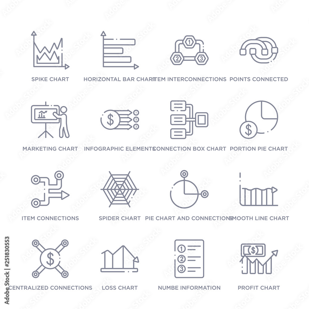 set of 16 thin linear icons such as profit chart, numbe information ...
