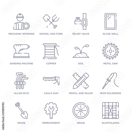set of 16 thin linear icons such as scaffolding, drain, improvement, spade, iron soldering, pencil and ruler, caulk gun from construction and tools collection on white background, outline sign icons
