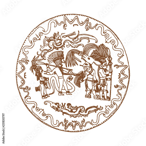 Vintage graphic maya glyphs, inca and aztec zodiac ornaments and symbols in old american indian style.Vector illustration and doodle drawing for design. 