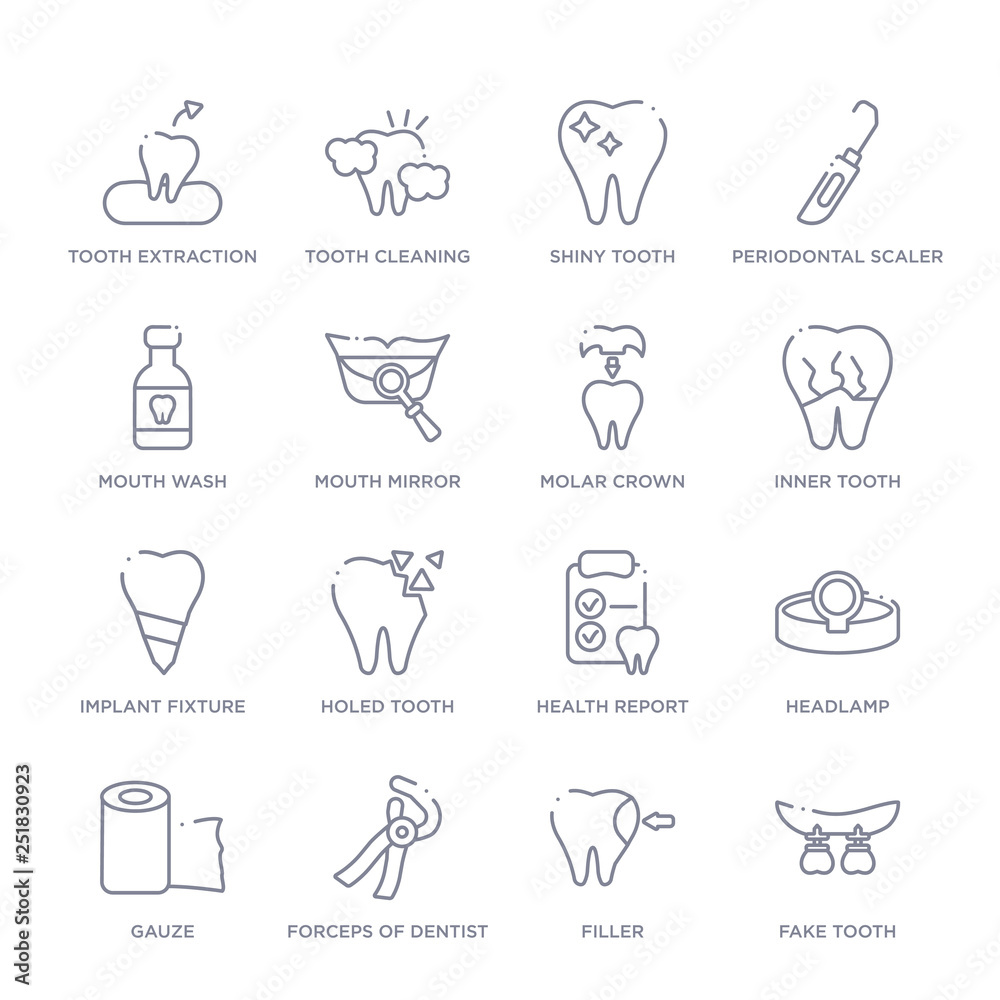set of 16 thin linear icons such as fake tooth, filler, forceps of dentist tools, gauze, headlamp, health report, holed tooth from dentist collection on white background, outline sign icons or