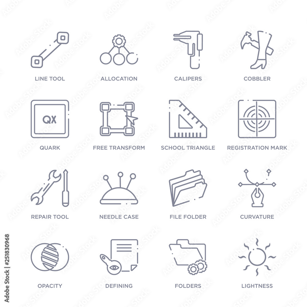 set of 16 thin linear icons such as lightness, folders, defining, opacity, curvature, file folder, needle case from edit tools collection on white background, outline sign icons or symbols set of 16 thin linear icons such as lightness, folders, defining, opacity, curvature, file folder, needle case from edit tools collection on white background, outline sign icons or symbols