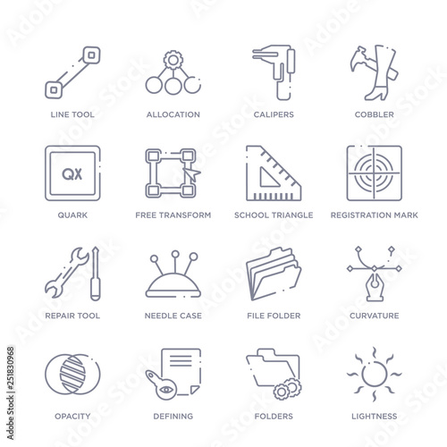 set of 16 thin linear icons such as lightness, folders, defining, opacity, curvature, file folder, needle case from edit tools collection on white background, outline sign icons or symbols