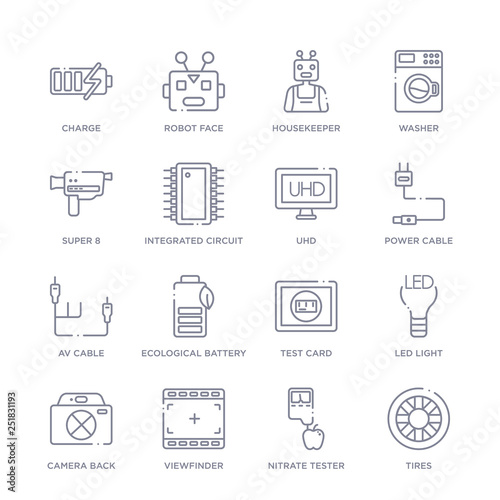 set of 16 thin linear icons such as tires, nitrate tester, viewfinder, camera back, led light, test card, ecological battery from electronics collection on white background, outline sign icons or