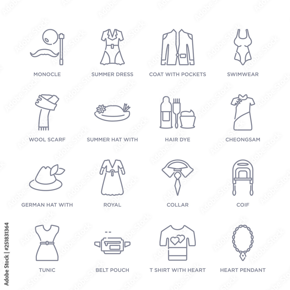 set of 16 thin linear icons such as heart pendant, t shirt with heart, belt pouch, tunic, coif, collar, royal from fashion collection on white background, outline sign icons or symbols set of 16 thin linear icons such as heart pendant, t shirt with heart, belt pouch, tunic, coif, collar, royal from fashion collection on white background, outline sign icons or symbols
