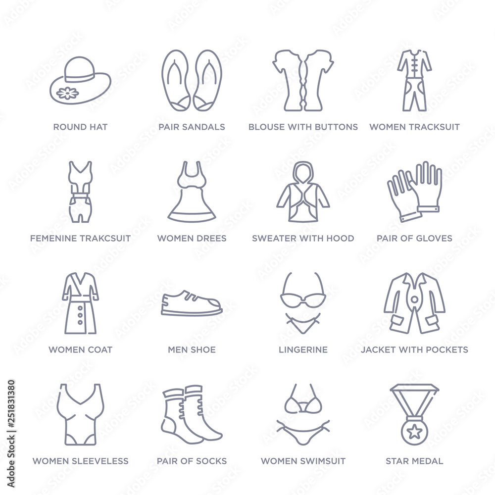 set of 16 thin linear icons such as star medal, women swimsuit, pair of socks, women sleeveless shirt, jacket with pockets, lingerine, men shoe from fashion collection on white background, outline set of 16 thin linear icons such as star medal, women swimsuit, pair of socks, women sleeveless shirt, jacket with pockets, lingerine, men shoe from fashion collection on white background, outline