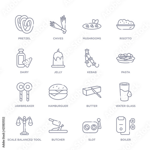 set of 16 thin linear icons such as boiler, slot, butcher, scale balanced tool, water glass, butter, hamburguer from food collection on white background, outline sign icons or symbols