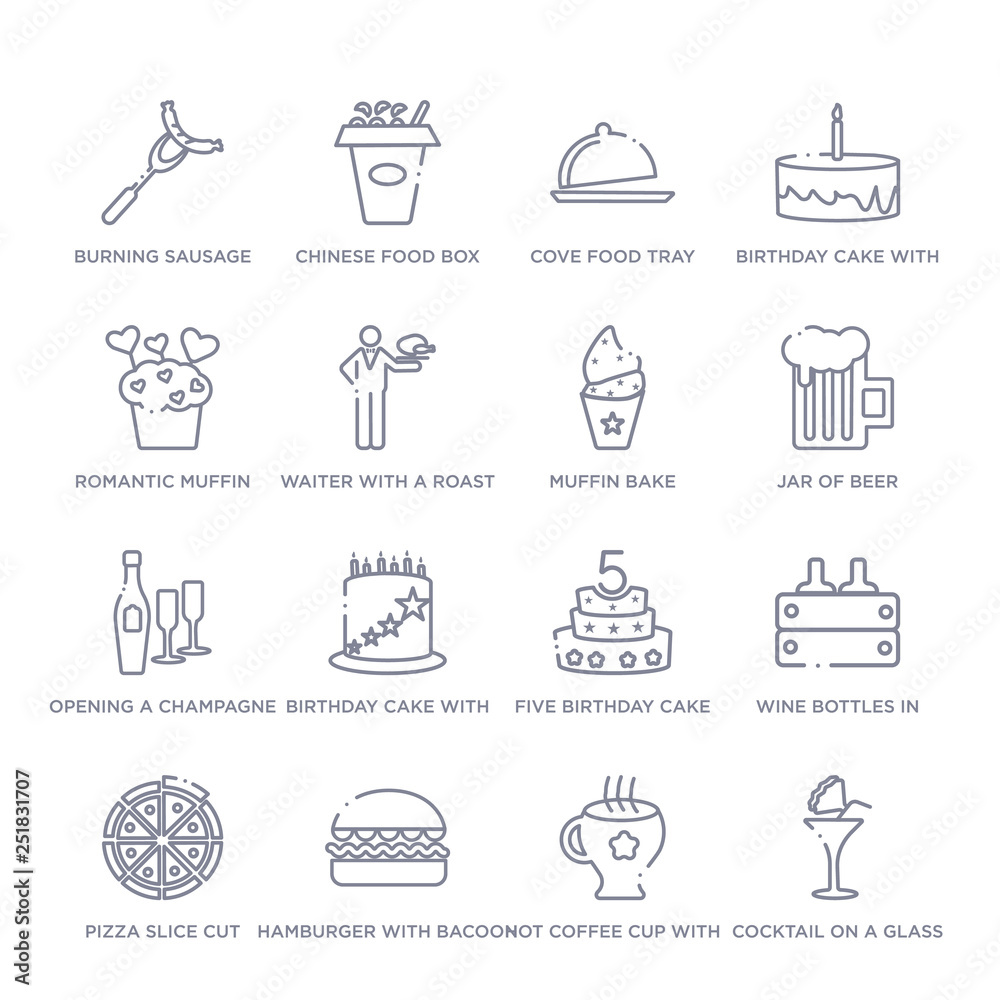set of 16 thin linear icons such as cocktail on a glass, hot coffee cup with hearts, hamburger with bacoon, pizza slice cut, wine bottles in a box, five birthday cake, birthday cake with candles set of 16 thin linear icons such as cocktail on a glass, hot coffee cup with hearts, hamburger with bacoon, pizza slice cut, wine bottles in a box, five birthday cake, birthday cake with candles