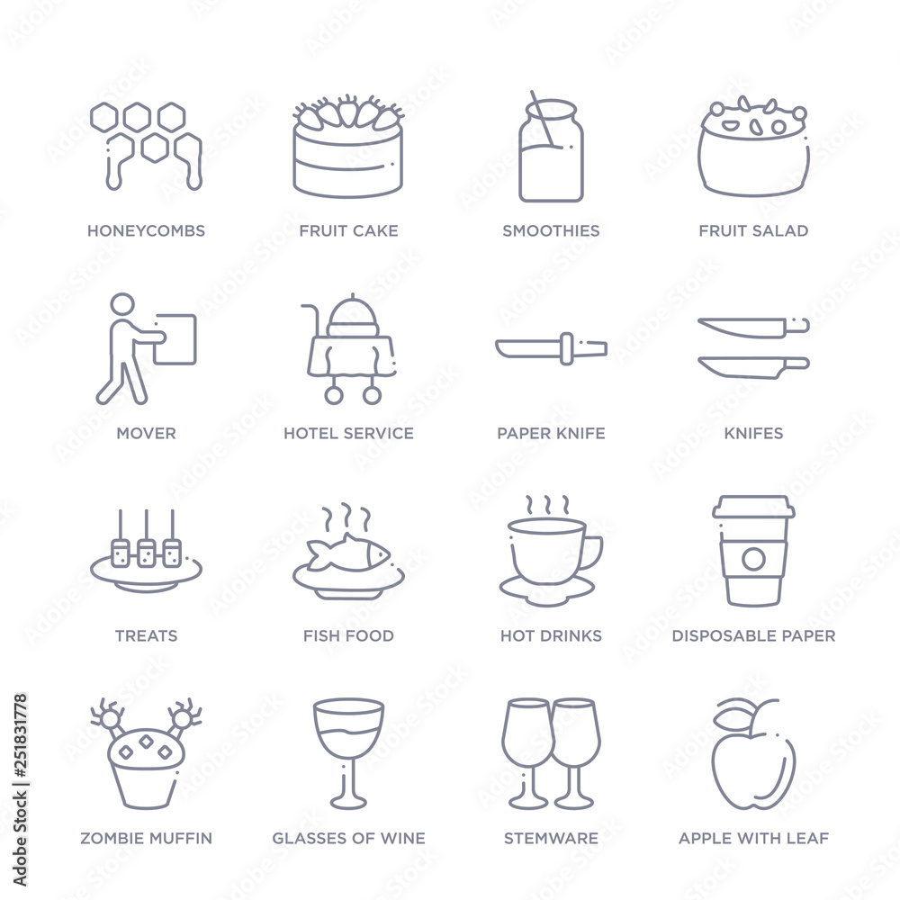 set of 16 thin linear icons such as apple with leaf, stemware, glasses of wine, zombie muffin, disposable paper cup, hot drinks, fish food from food collection on white background, outline sign