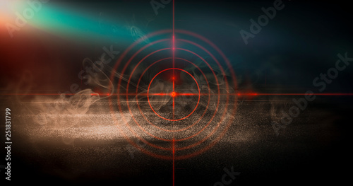 Futuristic abstract background. Empty room background, concrete. Neon red light smoke. Laser lines, laser target in the center of the room.