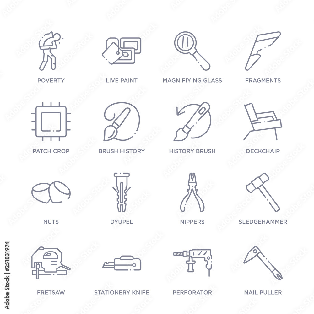 set of 16 thin linear icons such as nail puller, perforator, stationery knife, fretsaw, sledgehammer, nippers, dyupel from general collection on white background, outline sign icons or symbols