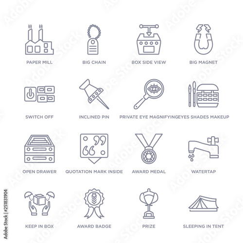 set of 16 thin linear icons such as sleeping in tent, prize, award badge, keep in box, watertap, award medal, quotation mark inside a circle from general collection on white background, outline sign