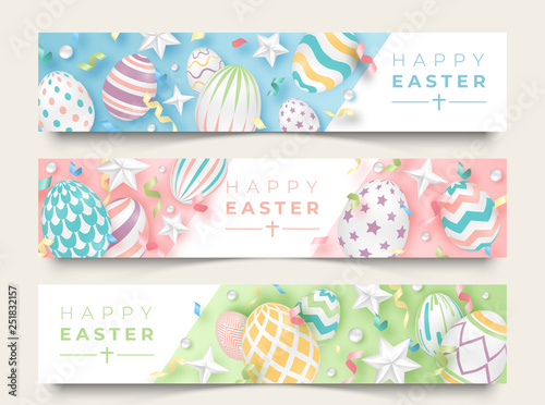 Three Easter horizontal banners with realistic decorated eggs, ribbons, stars and balls. Illustration in soft colors. Easter card illustration on light background