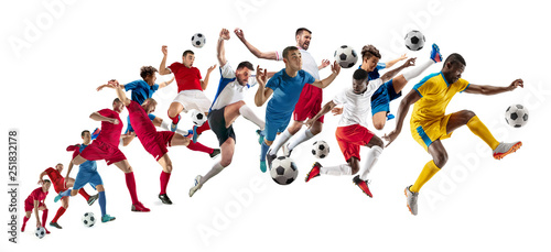 Professional football soccer players with ball isolated on white studio background. Collage with fit male models. Attack, defense, fight. Group of men with sport equipment.