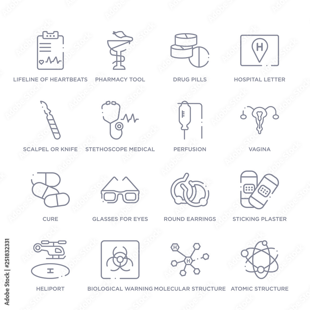 set of 16 thin linear icons such as atomic structure, molecular structure, biological warning, heliport, sticking plaster, round earrings, glasses for eyes from medical collection on white set of 16 thin linear icons such as atomic structure, molecular structure, biological warning, heliport, sticking plaster, round earrings, glasses for eyes from medical collection on white
