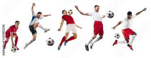 Professional football soccer players with ball isolated on white studio background. Collage with fit male models. Attack  defense  fight. Group of men with sport equipment.