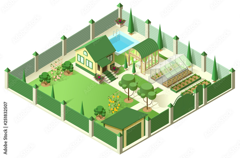 Private house yard with plot of land behind high fence. Isometric 3d illustration