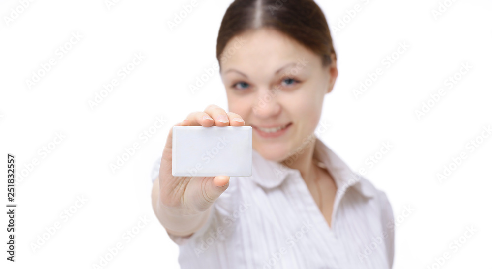 woman employee showing showing blank business card. woman employee showing showing blank business card.