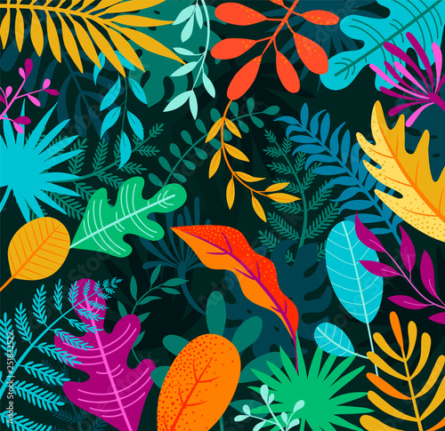 Jungle background with tropical palm leaves. Exotic plants template for your design, banner, poster, fashion, interior. Vector illustration.