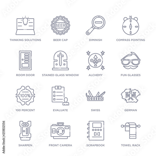 set of 16 thin linear icons such as towel rack, scrapbook, front camera, sharpen, german, swiss, evaluate from miscellaneous collection on white background, outline sign icons or symbols