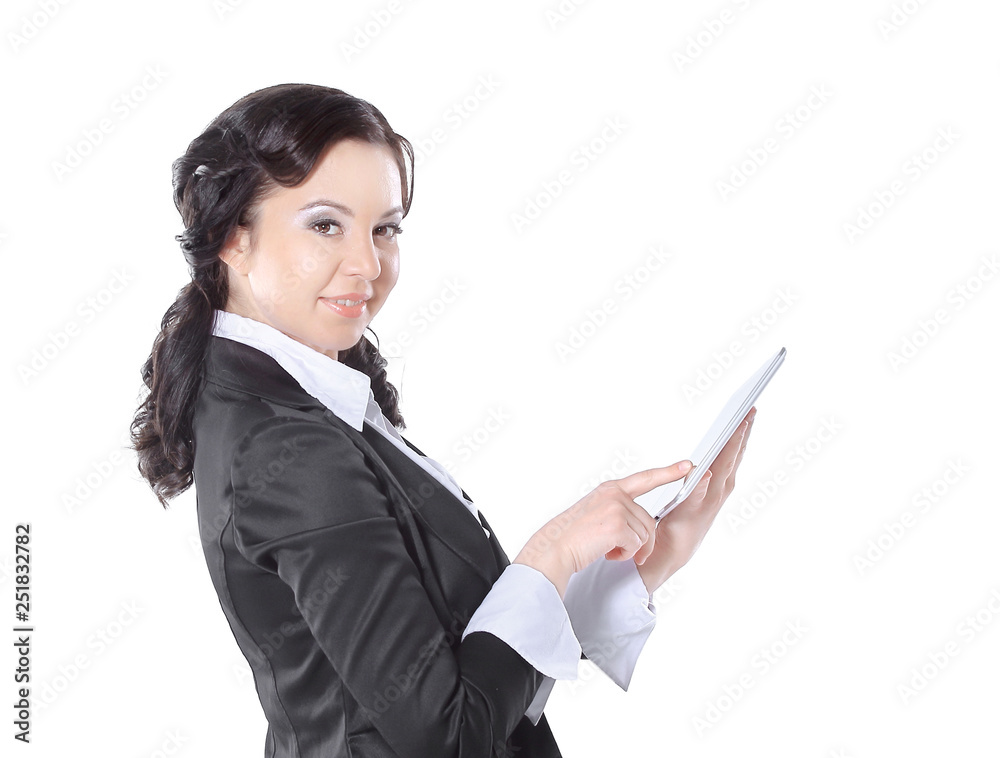 Business woman with hand on Computer Tablet in isolated a white background Business woman with hand on Computer Tablet in isolated a white background