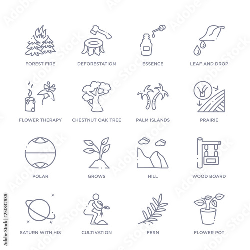 set of 16 thin linear icons such as flower pot, fern, cultivation, saturn with his ring, wood board, hill, grows from nature collection on white background, outline sign icons or symbols