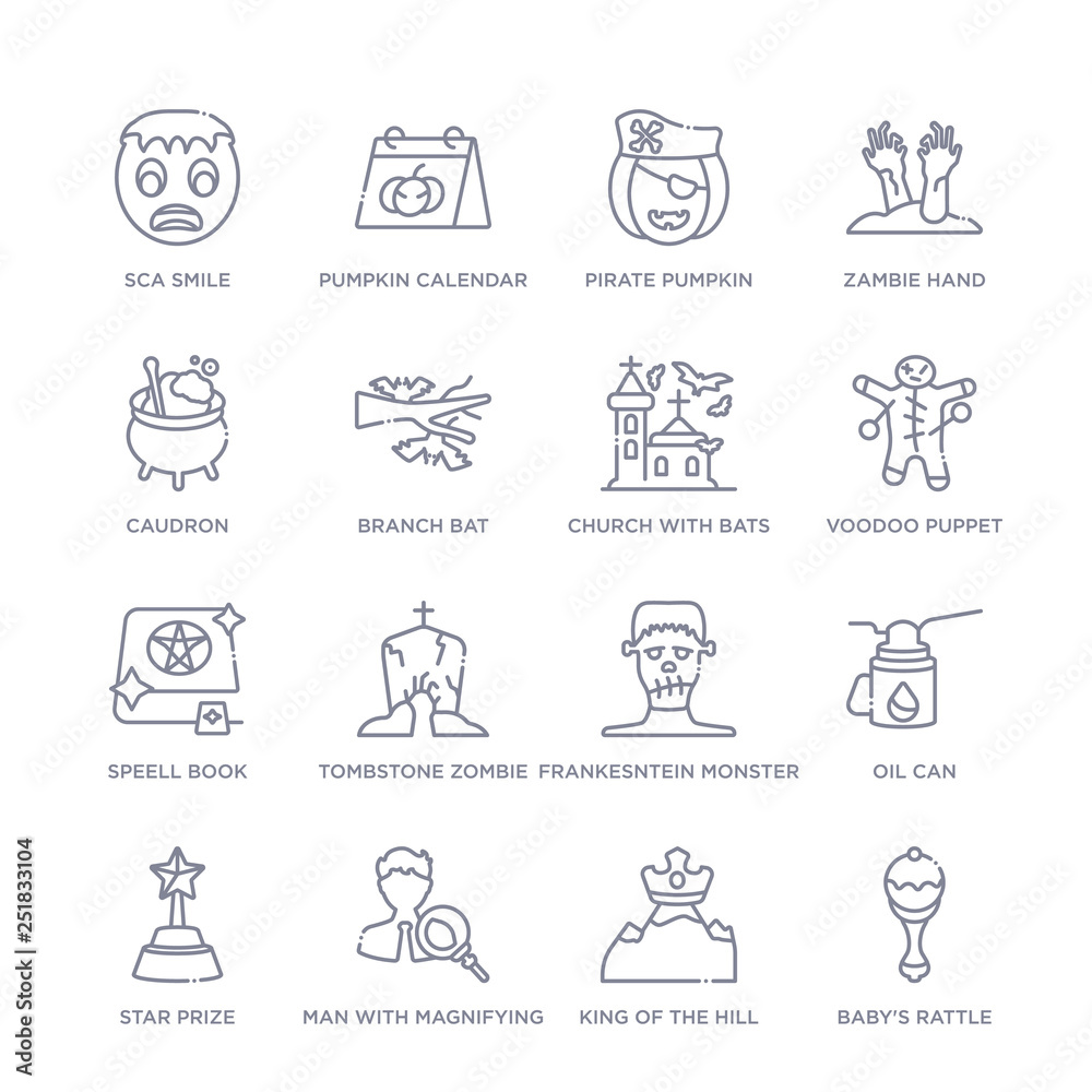 set of 16 thin linear icons such as baby's rattle, king of the hill, man with magnifying flass, star prize, oil can, frankesntein monster, tombstone zombie hand from other collection on white set of 16 thin linear icons such as baby's rattle, king of the hill, man with magnifying flass, star prize, oil can, frankesntein monster, tombstone zombie hand from other collection on white