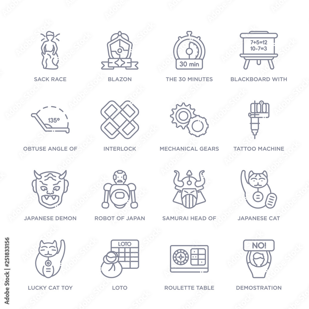 set of 16 thin linear icons such as demostration, roulette table, loto, lucky cat toy, japanese cat, samurai head of japan, robot of japan from other collection on white background, outline sign set of 16 thin linear icons such as demostration, roulette table, loto, lucky cat toy, japanese cat, samurai head of japan, robot of japan from other collection on white background, outline sign