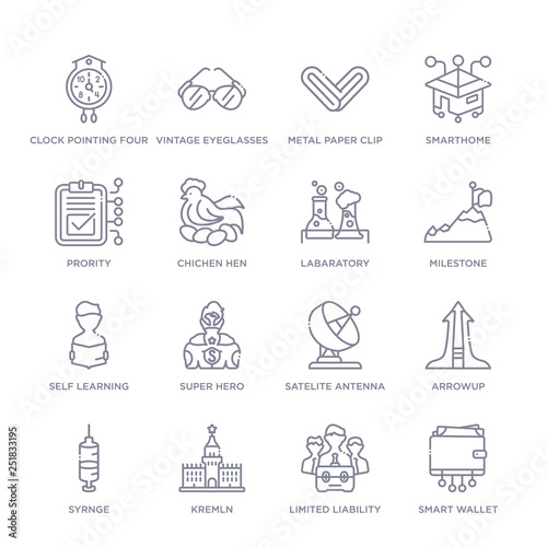 set of 16 thin linear icons such as smart wallet, limited liability, kremln, syrnge, arrowup, satelite antenna, super hero from other collection on white background, outline sign icons or symbols