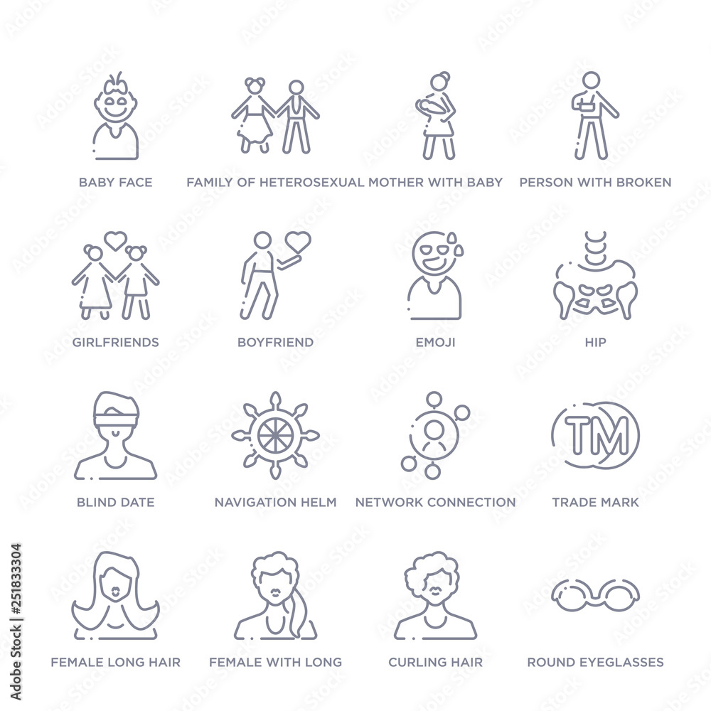 set of 16 thin linear icons such as round eyeglasses, curling hair, female with long hair, female long hair, trade mark, network connection, navigation helm from people collection on white