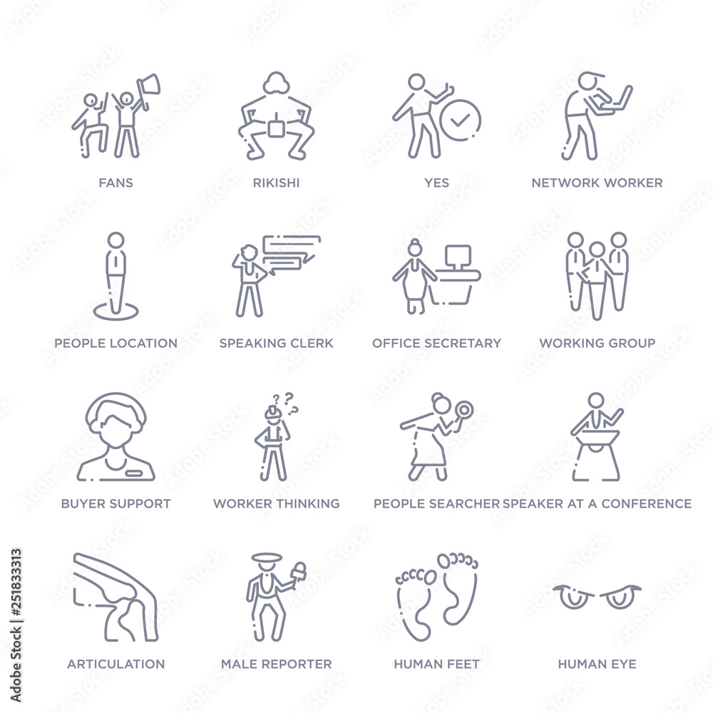 set of 16 thin linear icons such as human eye, human feet, male reporter, articulation, speaker at a conference, people searcher, worker thinking from people collection on white background, outline