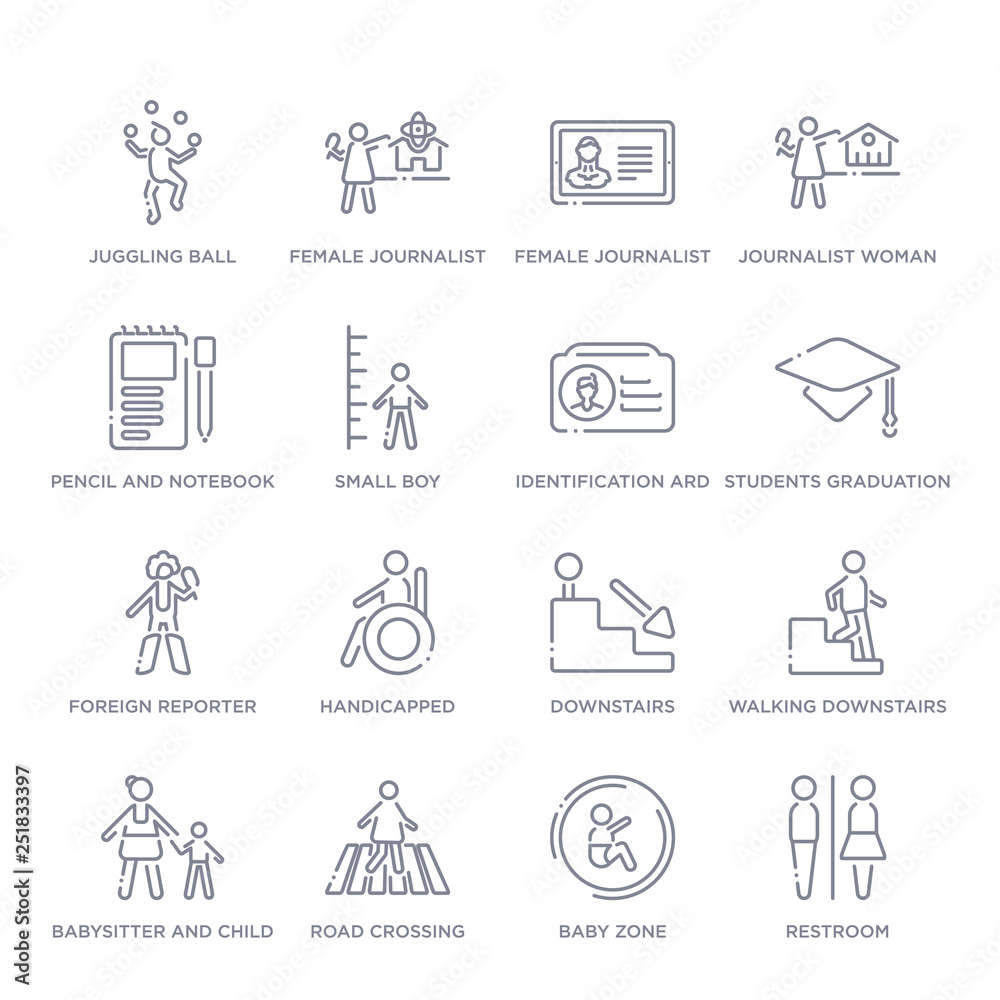 set of 16 thin linear icons such as restroom, baby zone, road crossing, babysitter and child, walking downstairs, downstairs, handicapped from people collection on white background, outline sign set of 16 thin linear icons such as restroom, baby zone, road crossing, babysitter and child, walking downstairs, downstairs, handicapped from people collection on white background, outline sign