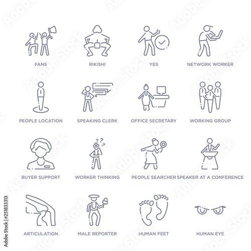 set of 16 thin linear icons such as human eye, human feet, male reporter, articulation, speaker at a conference, people searcher, worker thinking from people collection on white background, outline