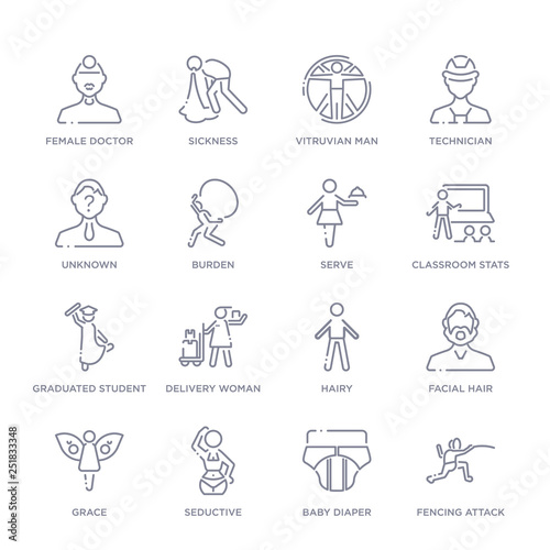 set of 16 thin linear icons such as fencing attack  baby diaper  seductive  grace  facial hair  hairy  delivery woman from people collection on white background  outline sign icons or symbols