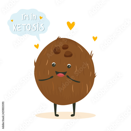 Funny cute coconut character, keto diet lover