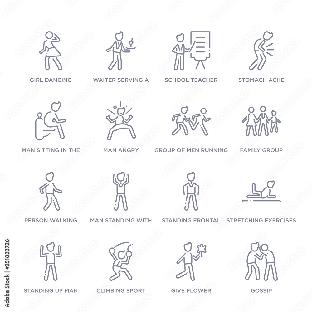 set of 16 thin linear icons such as gossip, give flower, climbing sport, standing up man, stretching exercises, standing frontal man, man standing with arms up from people collection on white