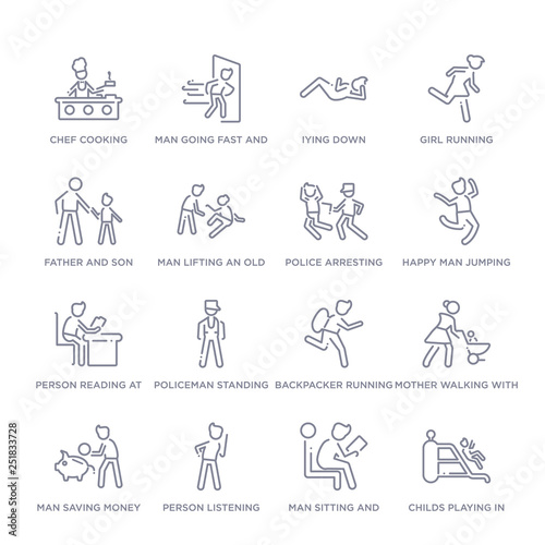 set of 16 thin linear icons such as childs playing in playgrpound, man sitting and reading book, person listening, man saving money, mother walking with baby stroller, backpacker running, policeman