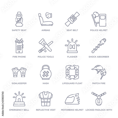 set of 16 thin linear icons such as locked padlock with chain, motorbike helmet, reflective vest, emergency bell, match fire, lifeguard float, hash from security collection on white background,