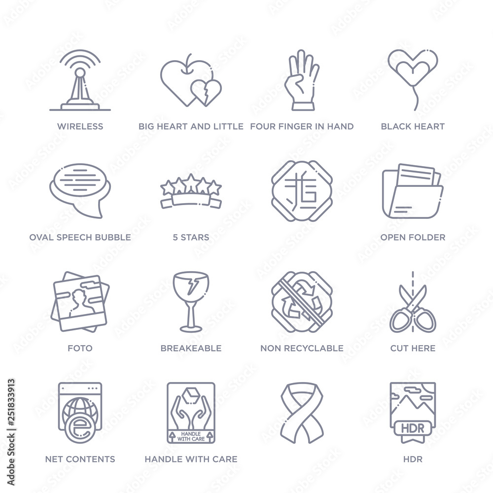 set of 16 thin linear icons such as hdr, , handle with care, net contents, cut here, non recyclable, breakeable from shapes collection on white background, outline sign icons or symbols set of 16 thin linear icons such as hdr, , handle with care, net contents, cut here, non recyclable, breakeable from shapes collection on white background, outline sign icons or symbols