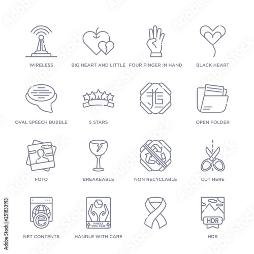 set of 16 thin linear icons such as hdr,  , handle with care, net contents, cut here, non recyclable, breakeable from shapes collection on white background, outline sign icons or symbols