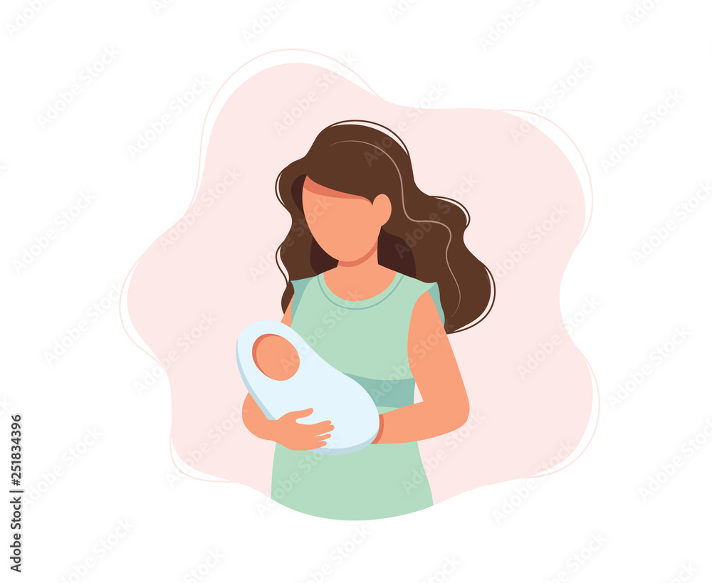Woman holding newborn baby, concept vector illustration in cute cartoon style, health, care, maternity Woman holding newborn baby, concept vector illustration in cute cartoon style, health, care, maternity