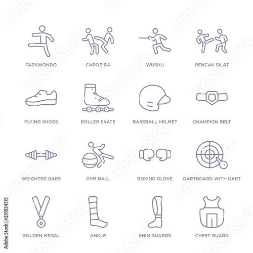 set of 16 thin linear icons such as chest guard, shin guards, ankle, golden medal, dartboard with dart, boxing glove, gym ball from sports collection on white background, outline sign icons or