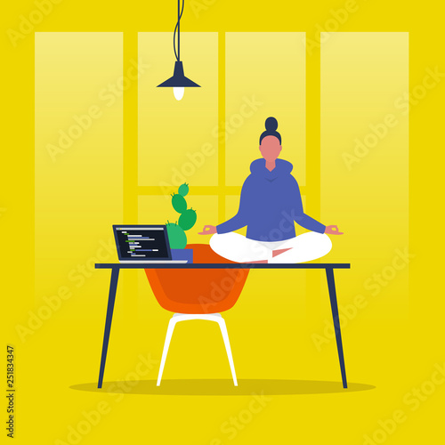 Meditation. Yoga at the office. Harmony and relaxation. Calm female character sitting in a lotus pose on a desk. Flat editable vector illustration, clip art. Modern healthy lifestyle